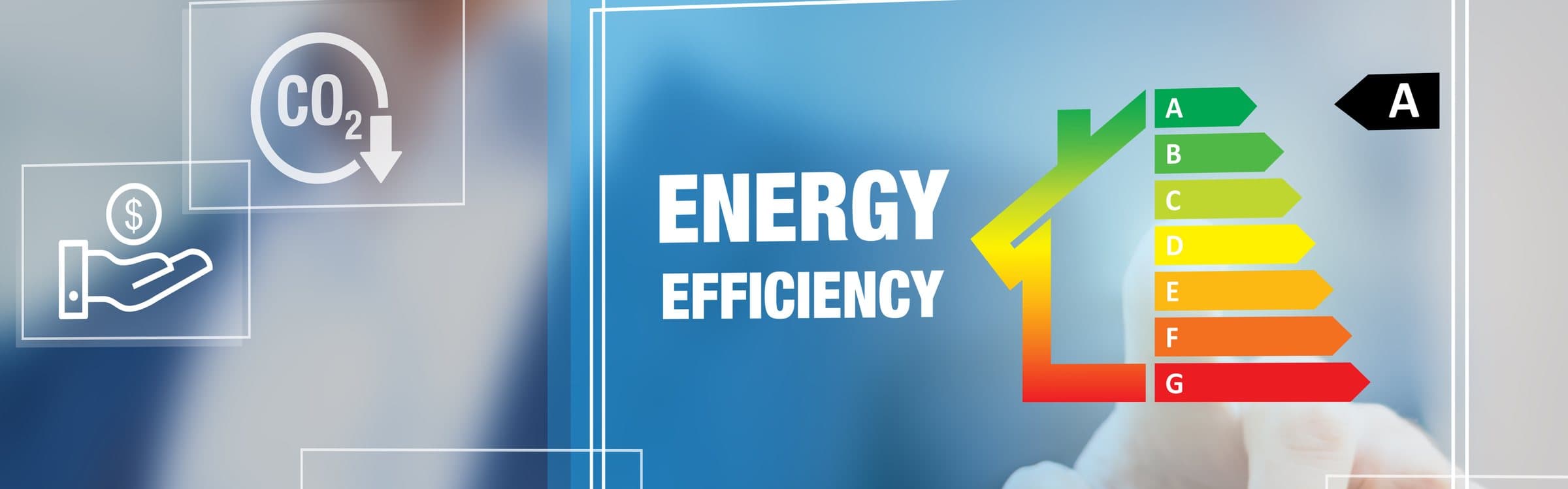 Interfaz de eficiencia energética con la escala de calificación A–G y iconos de CO2, solar y consumo