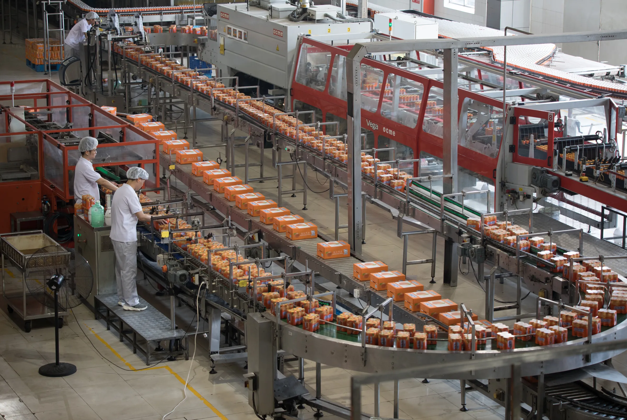 Línea de envasado en marcha con operarias trabajando en una planta de alimentación