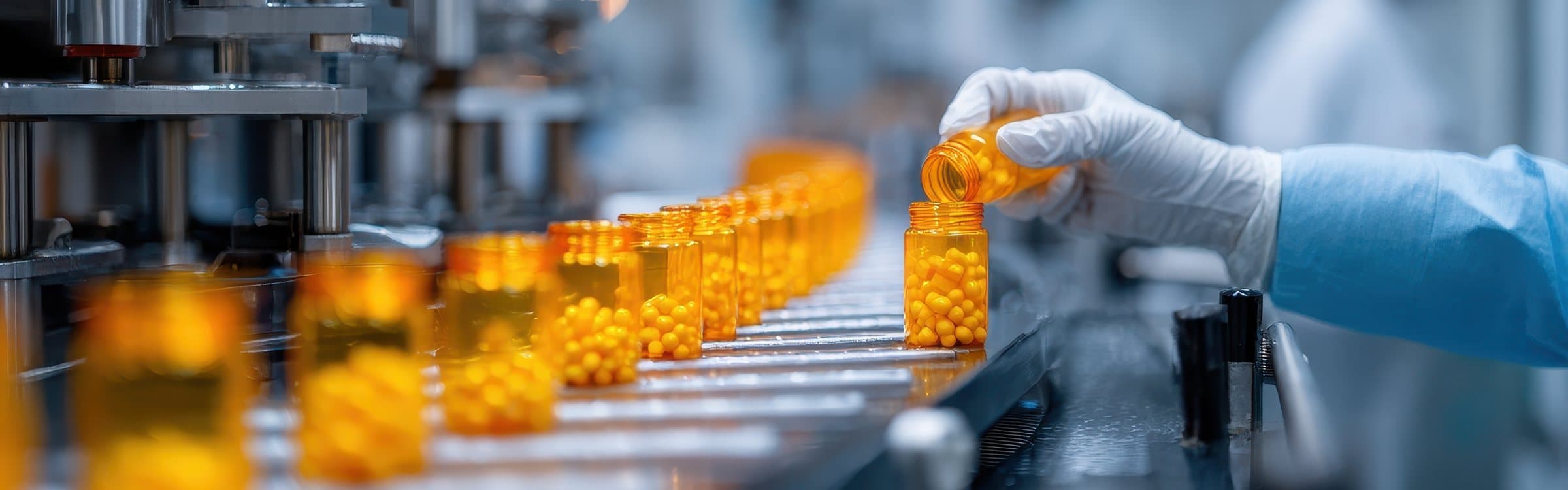 Línea de acondicionamiento farmacéutico: un operario con guante coloca frascos de comprimidos sobre la cinta